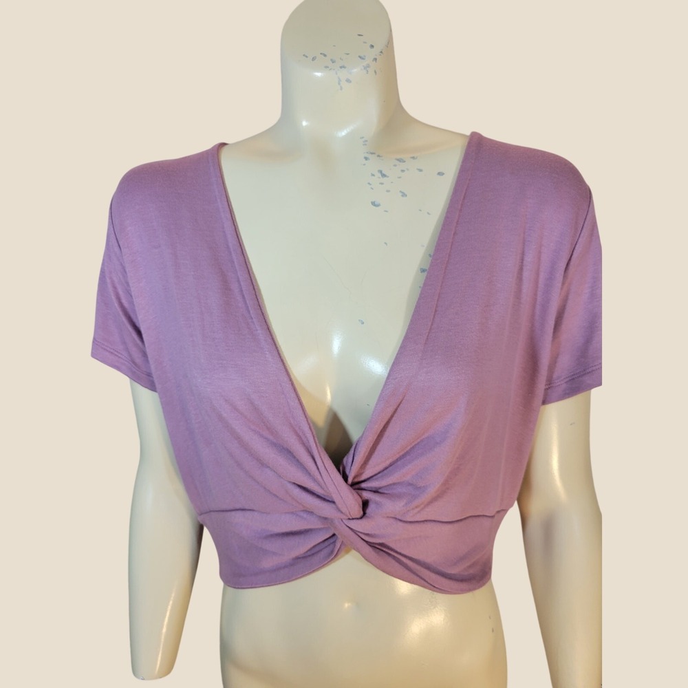 NWT So Crop Top Twist Front Deep V-Neck Shrt Sleeve Minimalist Boho Purple Sz XL